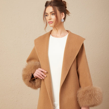 Vera Overcoat Brown Wool Fox Fur Belted Wrap Coat