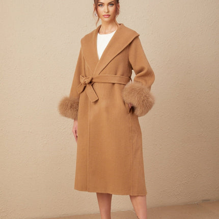 Vera Overcoat Brown Wool Fox Fur Belted Wrap Long Coat