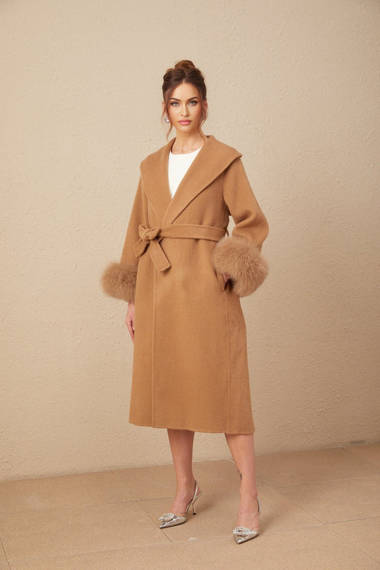 Vera Overcoat Brown Wool Fox Fur Belted Wrap Long Coat