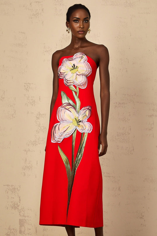 Vera Red Floral Embroidered Sequin Off-Shoulder Midi Dress