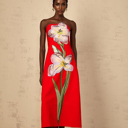 Vera Red Floral Embroidered Sequin Off-Shoulder Midi Dress