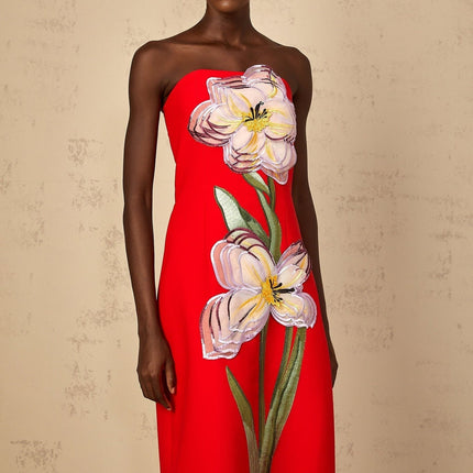 Vera Red Floral Embroidered Sequin Off-Shoulder Midi Dress