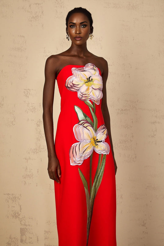 Vera Red Floral Embroidered Sequin Off-Shoulder Midi Dress