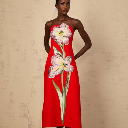 Vera Red Floral Embroidered Sequin Off-Shoulder Midi Dress