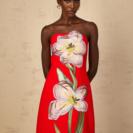 Vera Red Floral Embroidered Sequin Off-Shoulder Midi Dress