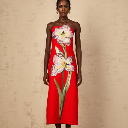 Vera Red Floral Embroidered Sequin Off-Shoulder Midi Dress