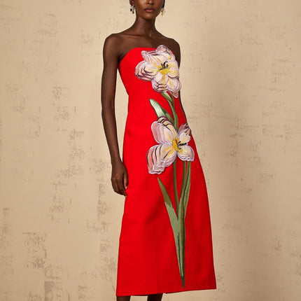 Vera Red Floral Embroidered Sequin Off-Shoulder Midi Dress