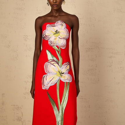 Vera Red Floral Embroidered Sequin Off-Shoulder Midi Dress