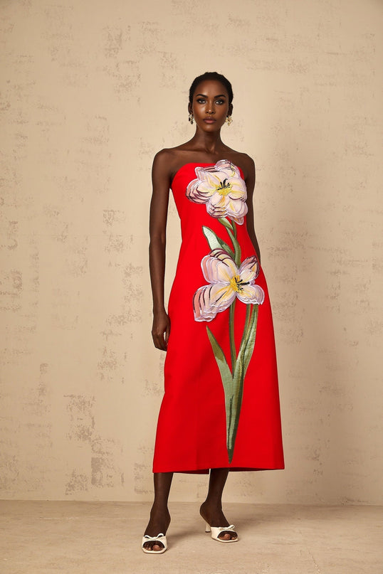 Vera Red Floral Embroidered Sequin Off-Shoulder Midi Dress