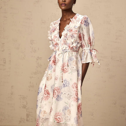Vera White Floral Midi Dress with 3D Petal Detailing and Puff Sleeves