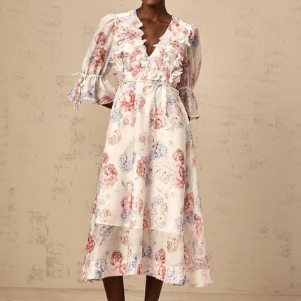 Vera White Floral Midi Dress 3D Petal Detailing Puff Sleeves Ruffled Cuffs Tied Waist All-Over Print Calf-Length Luxury Slip Dress Zip Fastening Terylene Fiber