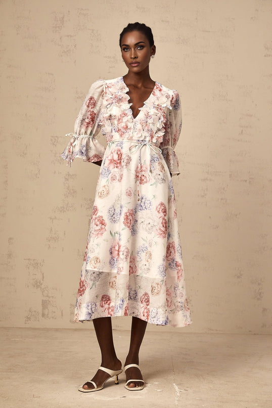 Vera White Floral Midi Dress 3D Petal Detailing Puff Sleeves Ruffled Cuffs Tied Waist All-Over Print Calf-Length Luxury Slip Dress Zip Fastening Terylene Fiber