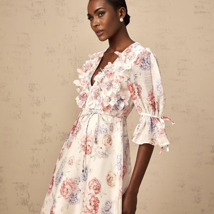 Vera White Floral Midi Dress 3D Petal Detailing Puff Sleeves Ruffled Cuffs Tied Waist All-Over Floral Print Calf-Length Design Slip Dress Rear Zip Fastening Luxury Terylene Fiber