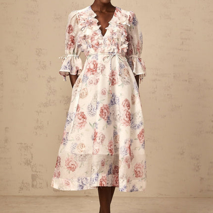 Vera White Floral Midi Dress with 3D Petal Detailing and Ruffled Cuffs
