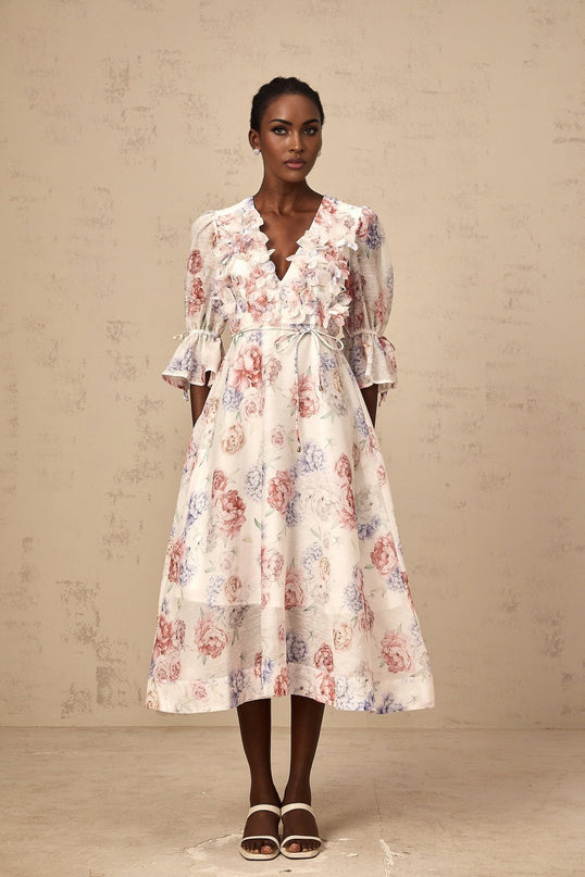 Vera White Floral Midi Dress with 3D Petal Detailing and Ruffled Cuffs