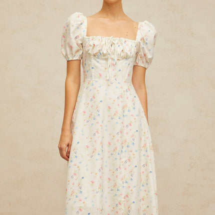 Vera White Floral Print Midi Dress Terylene Fiber Cinched Waist Self-Tie Detailing Short Sleeves Square Neck Side Slit Rear Zip Fastening