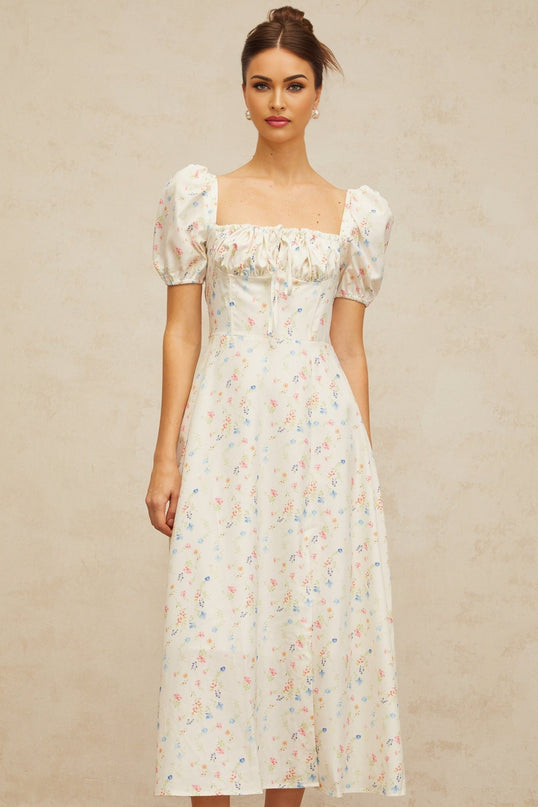 Vera White Floral Print Midi Dress Terylene Fiber Cinched Waist Self-Tie Detailing Short Sleeves Square Neck Side Slit Rear Zip Fastening