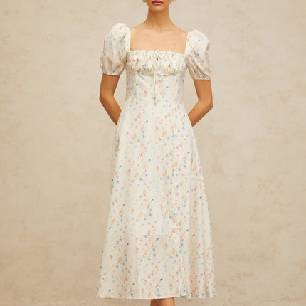 Vera White Floral Print Midi Dress with Cinched Waist and Side Slit