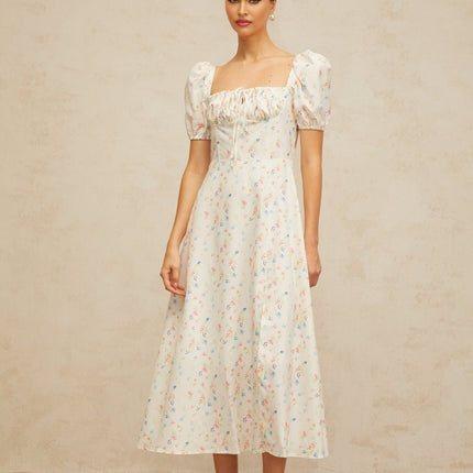 Vera White Floral Print Midi Dress with Cinched Waist and Side Slit