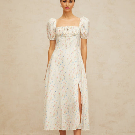 Vera White Floral Print Midi Dress Terylene Fiber Square Neck Cinched Waist Side Slit Short Sleeves