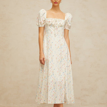 Vera White Floral Print Midi Dress Terylene Fiber Cinched Waist Side Slit Short Sleeves Square Neck Rear Zip Fastening