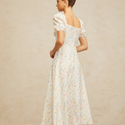 Vera White Floral Print Midi Dress Terylene Fiber Square Neck Short Sleeve Self-Tie Detailing Side Slit Rear Zip Fastening