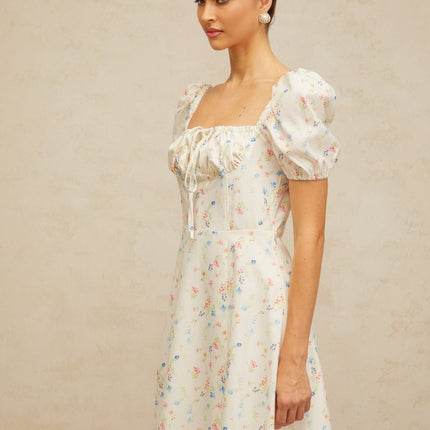 Vera White Floral Print Midi Dress with Cinched Waist and Side Slit
