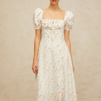 Vera White Floral Print Midi Dress with Cinched Waist and Short Sleeves