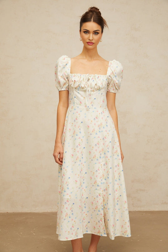 Vera White Floral Print Midi Dress with Cinched Waist and Short Sleeves