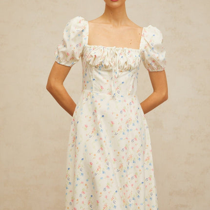 Vera White Floral Print Midi Dress with Cinched Waist and Self-Tie Detailing