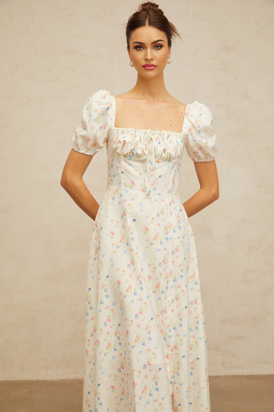 Vera White Floral Print Midi Dress with Cinched Waist and Self-Tie Detailing