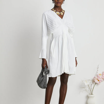 Vera White Mini Dress V-neck Flared Cuffs Pleat Design Cinched Waist Polyester Cotton Blend Elegant Sophistication Style Luxury Chic Sophisticated Women's Fashion