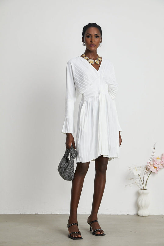 Vera White Mini Dress V-neck Flared Cuffs Pleat Design Cinched Waist Polyester Cotton Blend Elegant Sophistication Style Luxury Chic Sophisticated Women's Fashion