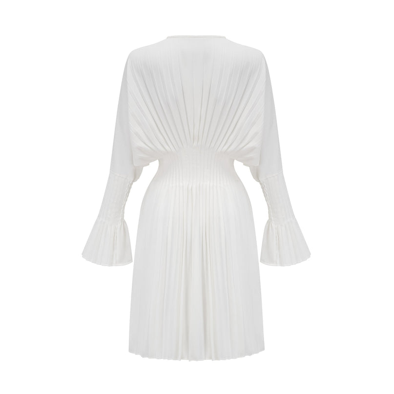 Vera White Mini Dress V-neck Flared Cuffs Pleat Design Cinched Waist Polyester Cotton Blend Elegant Sophisticated Chic Luxury