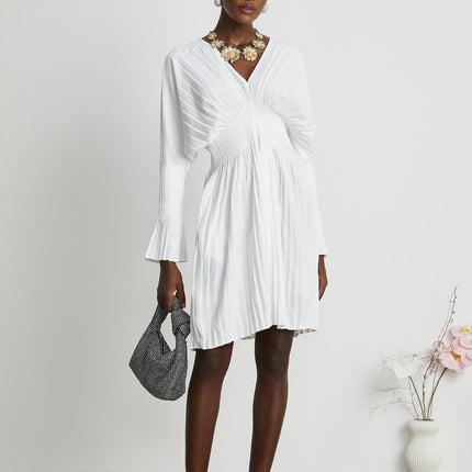 Vera White Mini Dress V-neck Flared Cuffs Pleat Design Cinched Waist Polyester Cotton Blend Sophisticated Chic Elegant Women's Fashion