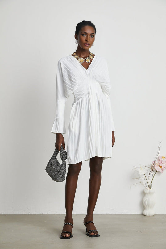 Vera White Mini Dress V-neck Flared Cuffs Pleat Design Cinched Waist Polyester Cotton Blend Sophisticated Chic Elegant Women's Fashion