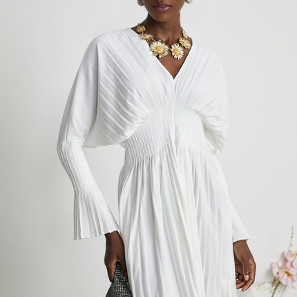 Vera White Mini Dress V-neck Flared Cuffs Pleat Design Cinched Waist Polyester Cotton Blend Sophisticated Elegant Chic Fashion Style Luxury Women's Clothing
