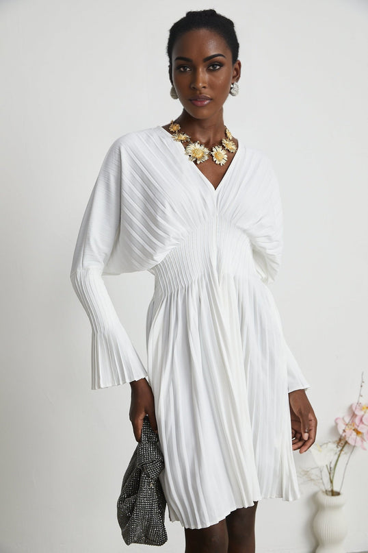 Vera White Mini Dress V-neck Flared Cuffs Pleat Design Cinched Waist Polyester Cotton Blend Sophisticated Elegant Chic Fashion Style Luxury Women's Clothing