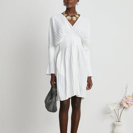 Vera White Mini Dress V-Neck Flared Cuffs Pleat Design Cinched Waist Polyester Cotton Blend Chic Sophisticated
