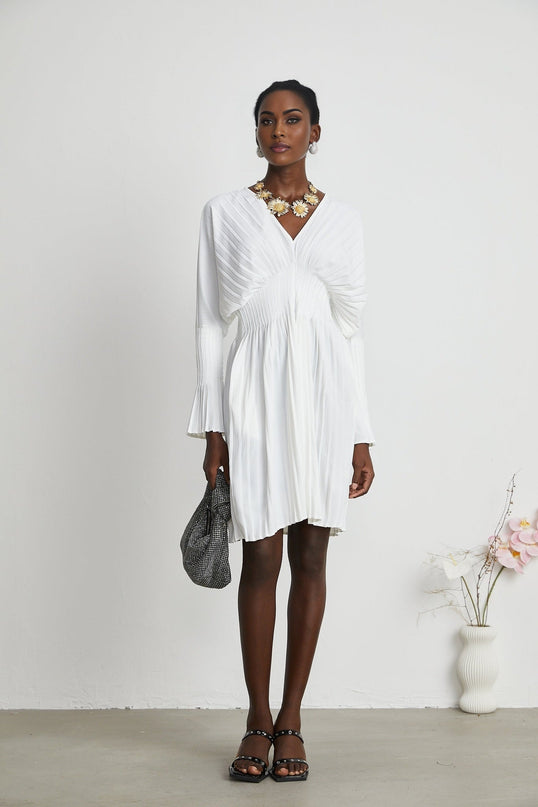 Vera White Mini Dress V-Neck Flared Cuffs Pleat Design Cinched Waist Polyester Cotton Blend Chic Sophisticated