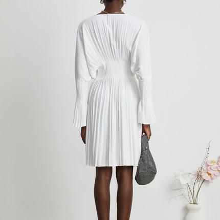 Vera White Mini Dress V-neck Flared Cuffs Pleat Design Cinched Waist Polyester Cotton Blend Sophisticated Elegance