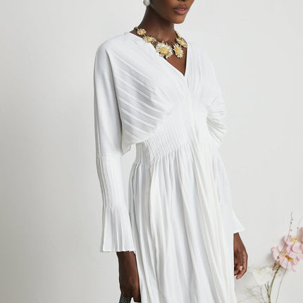 Vera White Mini Dress V-neck Flared Cuffs Pleat Design Cinched Waist Polyester Cotton Blend Sophisticated Elegance