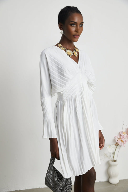 Vera White Mini Dress V-neck Flared Cuffs Pleat Design Cinched Waist Polyester Cotton Blend Sophisticated Elegance
