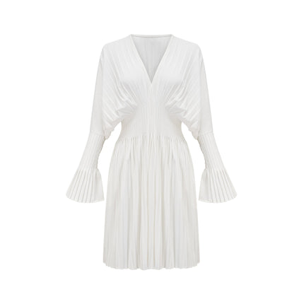 Vera White Mini Dress V-neck Flared Cuffs Pleat Design Cinched Waist Polyester Cotton Blend Sophisticated Elegant Chic Women's Clothing Fashion Style Luxury Glamour