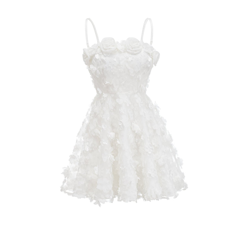 Vera White Off-The-Shoulder Mini Dress with Faux Flower Embellishments