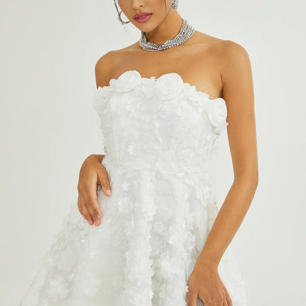 Vera White Off-the-Shoulder Mini Dress with Faux Flower Embellishments