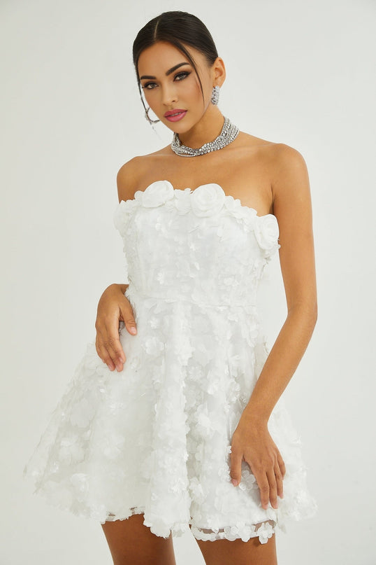 Vera White Off-the-Shoulder Mini Dress with Faux Flower Embellishments