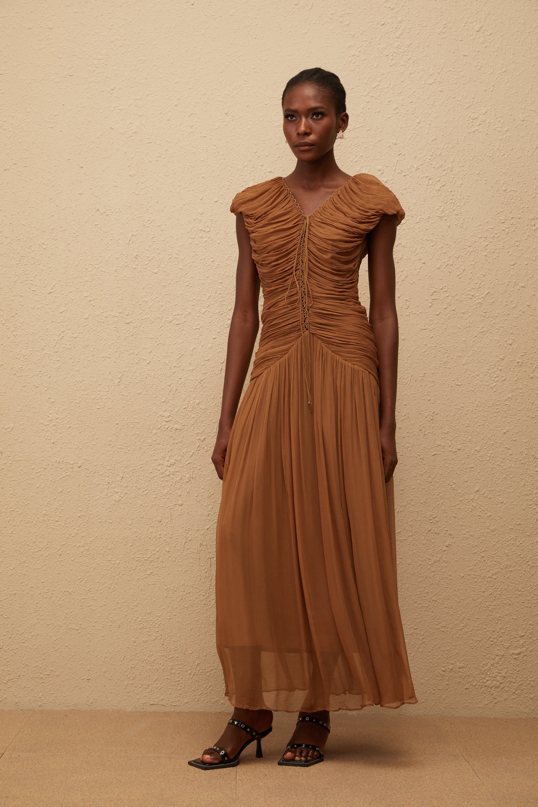 Vérane Brown Ruched Chiffon Maxi Dress