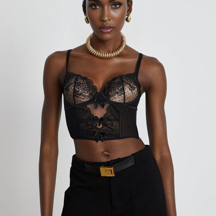 Veronica Black Lace Bow Vest Top