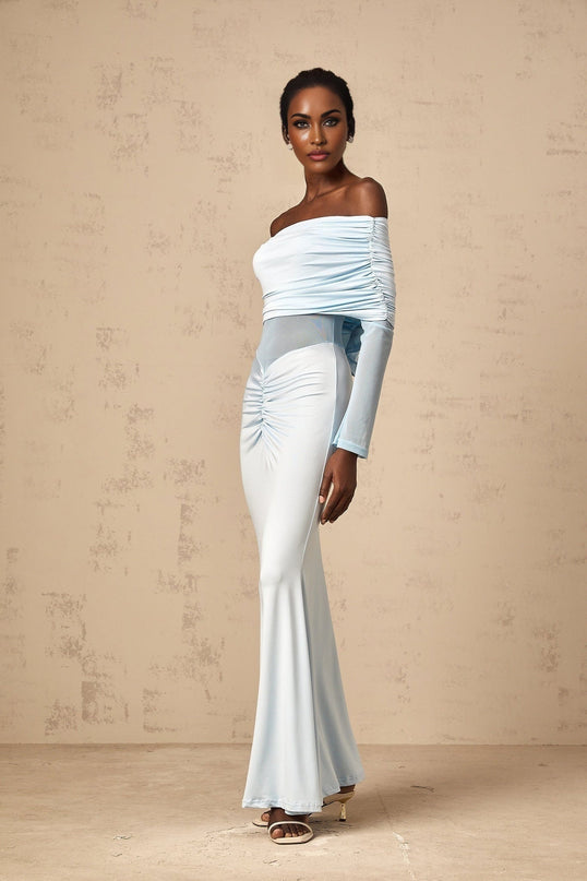 Veronica Blue Maxi Dress with Off-Shoulder Design and Ruched Detailing